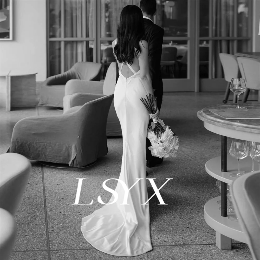 LSYX Sample Deep V-Neck Sleeveless Satin Mermaid Wedding Dress For Women Open Back Court Train Bridal Gown Custom Made