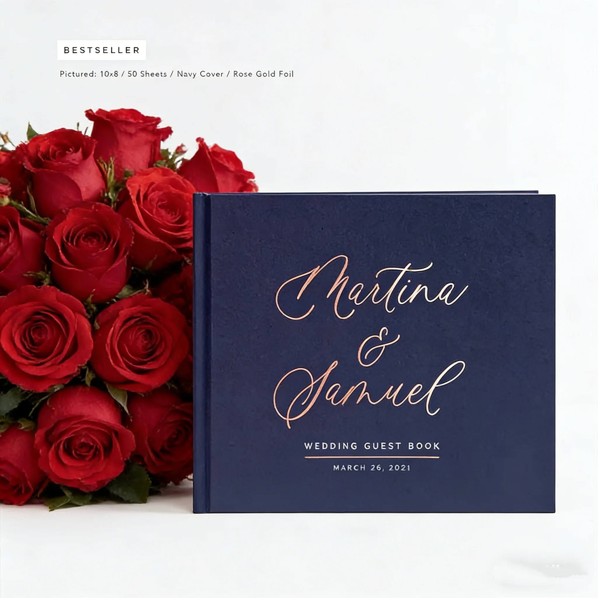 

Персонализированная свадебная книга для гостей в темно-синем цвете | Дизайн каллиграфии с использованием фольги цвета розового золота | Фотоальбом для гостей в твердом переплете