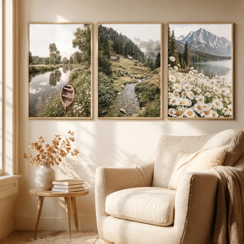 3PCS Country Wild Flower Stream Canvas Painting, Quiet Mountain Boat Print Poster, Suitable for Home Wall Room Decoration