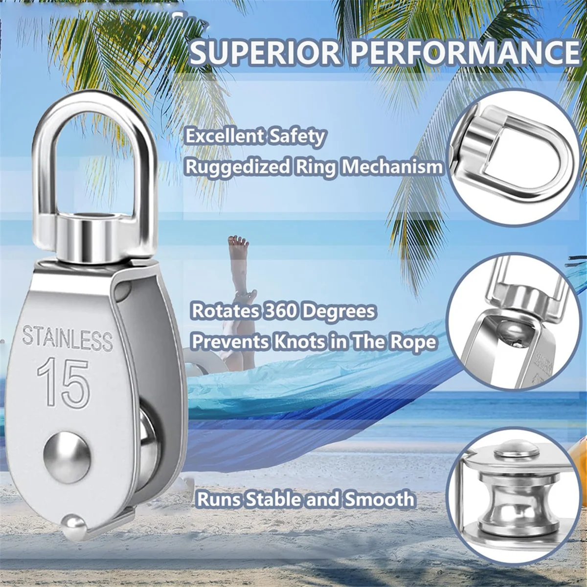 Activity Pulley 304 Stainless Steel Single Pulley Block M15 Small Heavy Duty Swivel Bearing Pulley System for Rigging,2Pack