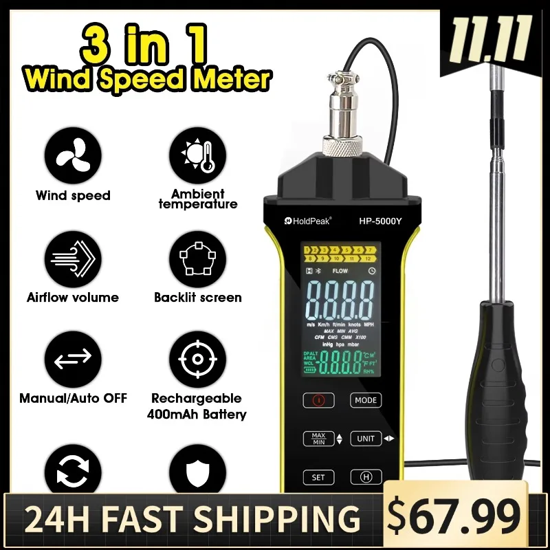 

Hot Wire Anemometer - CFM/CMM Digital Air Flow Meter, Wind Speed Meter Measure 0.2~67Mph, Thermal Anemometer with 360° Revolve