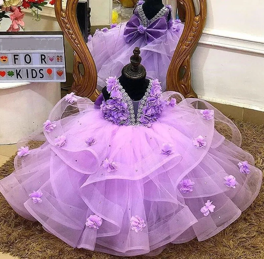 Customized Pink Purple Flower Girl Dress For Wedding Beaded 3d Applique Layered Pageant Kids Birthday First Communion 2025 Gown