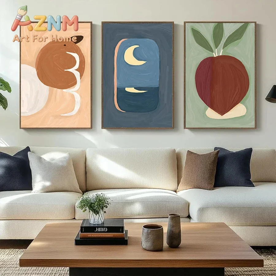 Boho Canvas Poster Hand Painted Style Wall Art Print Minimalist Floral Fruit Moon Globe Wall Picture for Living Room Home Decor