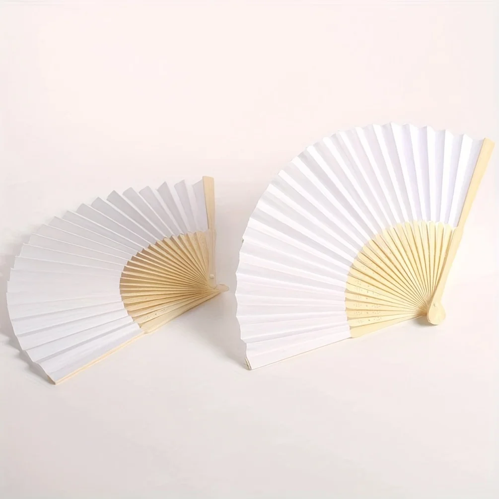 

24PCS Hand Held Paper Fans White Silk Bamboo Folding Fans Handheld Folded Fan for Wedding Party DIY Decoration