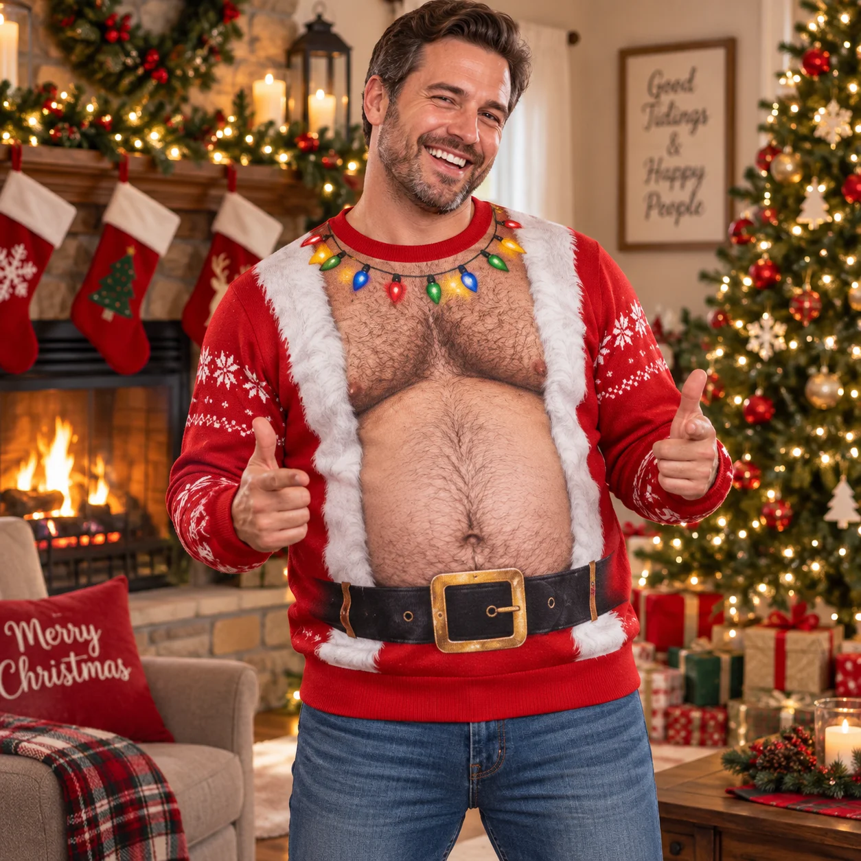 Santa Belly Illusion Hässlicher Weihnachtspullover für Herren, 3D-Druck, Polyester, Rundhals-Sweatshirt, lustiges Weihnachtskostüm, Pullover – Detail 2