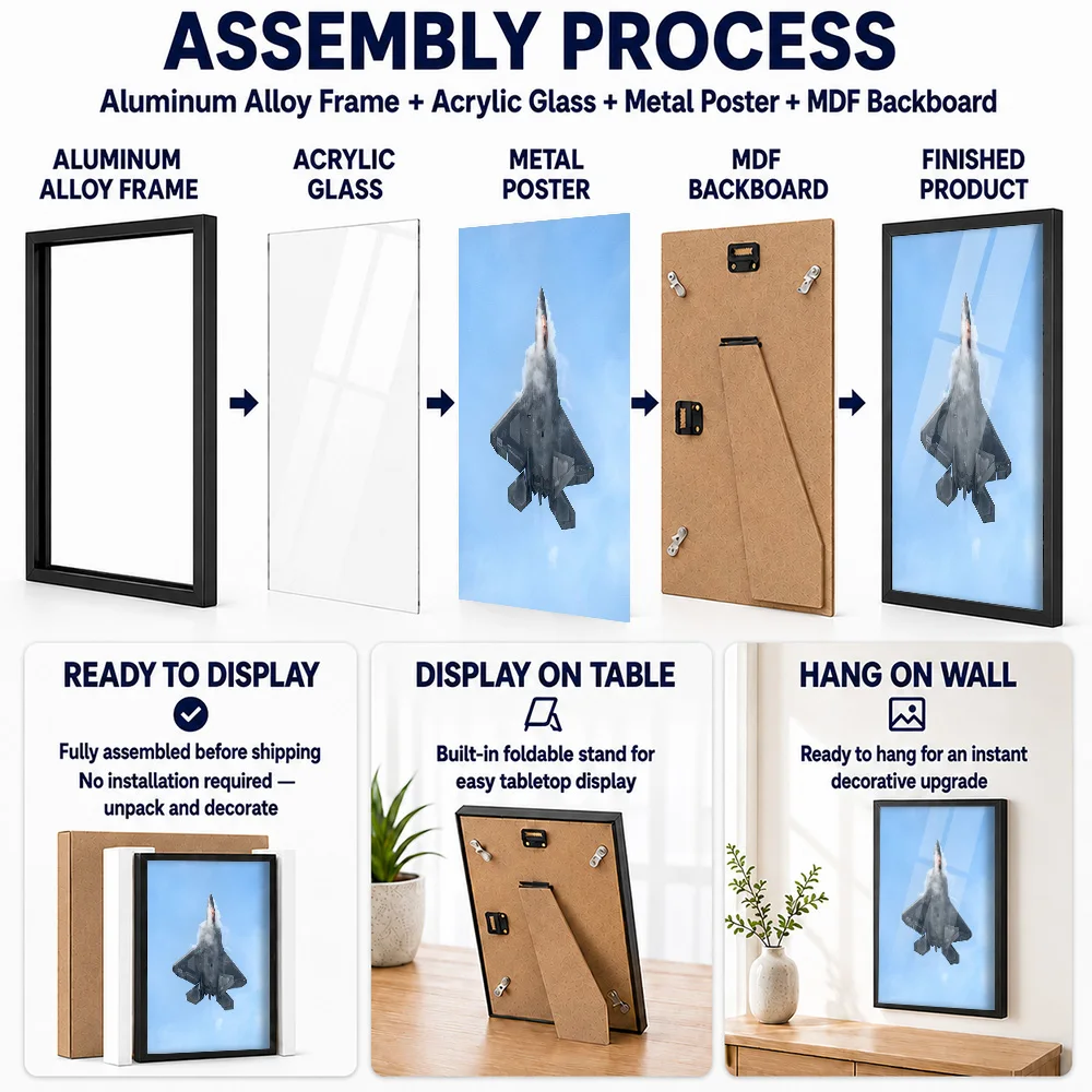 F-22 Fighter Jet Raptor Climb Metal Poster With Aluminum Alloy Frame Personalized Photo Vintage Flight Style Wall Art For Study