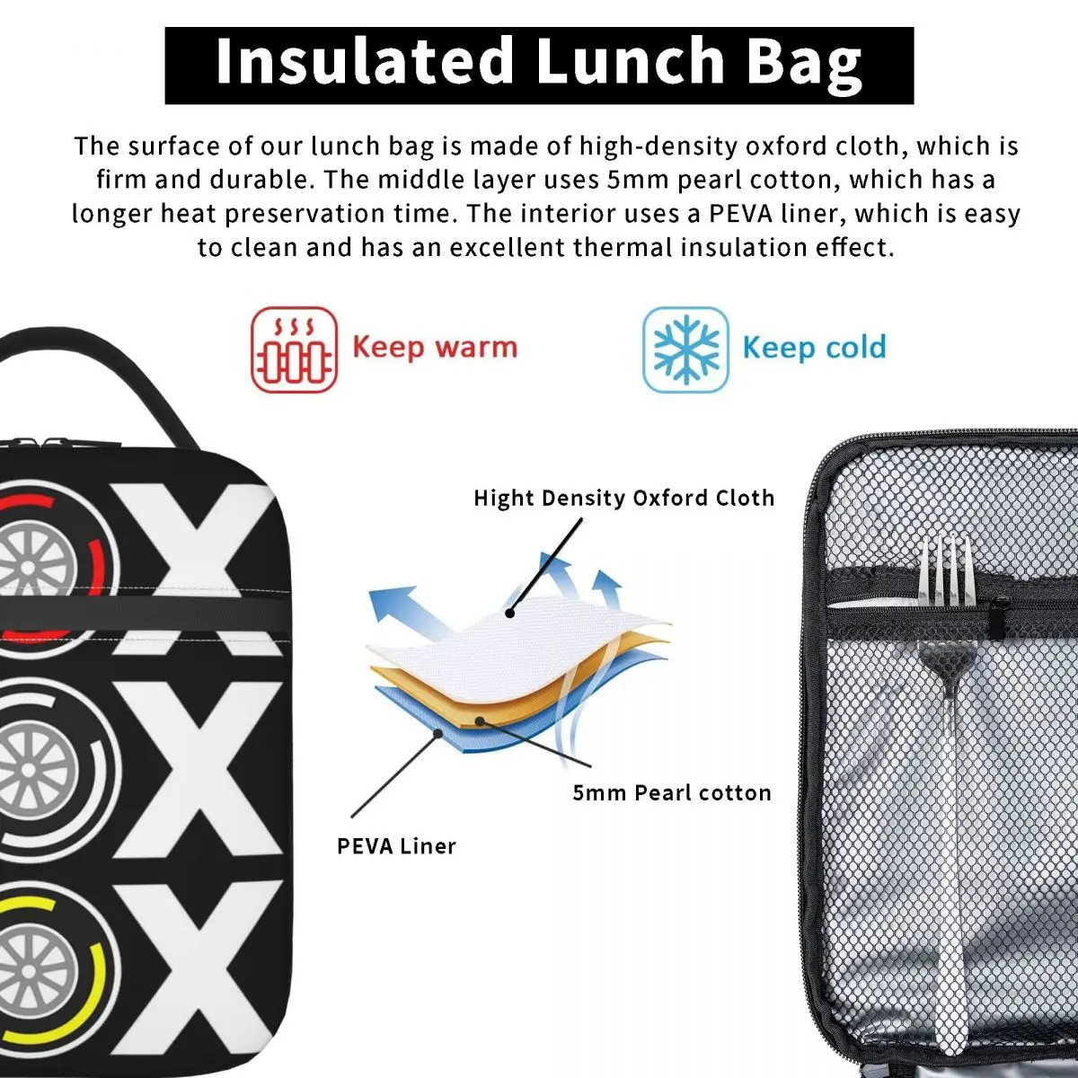 Box Box Box F1 Tyre Compound White Text Design Insulated Lunch Bag for Women Children Portable Food Boxes Thermal Lunch Box Tote