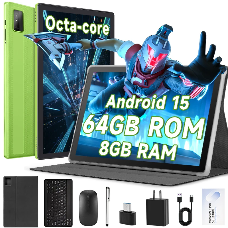 تابلت Android 15، أقراص 10.1 بوصة، ثماني النواة، توسيع 8 جيجابايت + 64 جيجابايت + 512 جيجابايت، شاشة عرض 1280 × 800 رطل، كاميرا مزدوجة، بطارية 6000 مللي أمبير في الساعة
