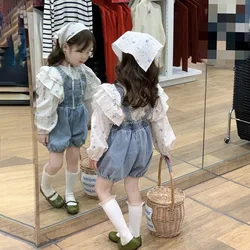 2023 Spring and Autumn New Girl's Clothing Sets Kids Cute Floral Doll Shirt+Cowboy Strap Pants Two Piece Set for Baby Girls