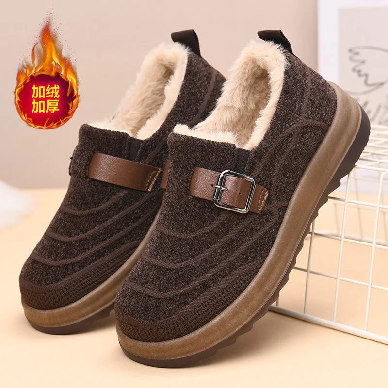 Women Winter Fleece Lined Loafers, Knitted Fabric Warm Slip‑on Shoes, Buckle Strap Non‑Slip Thick Platform Casual Shoes view 3