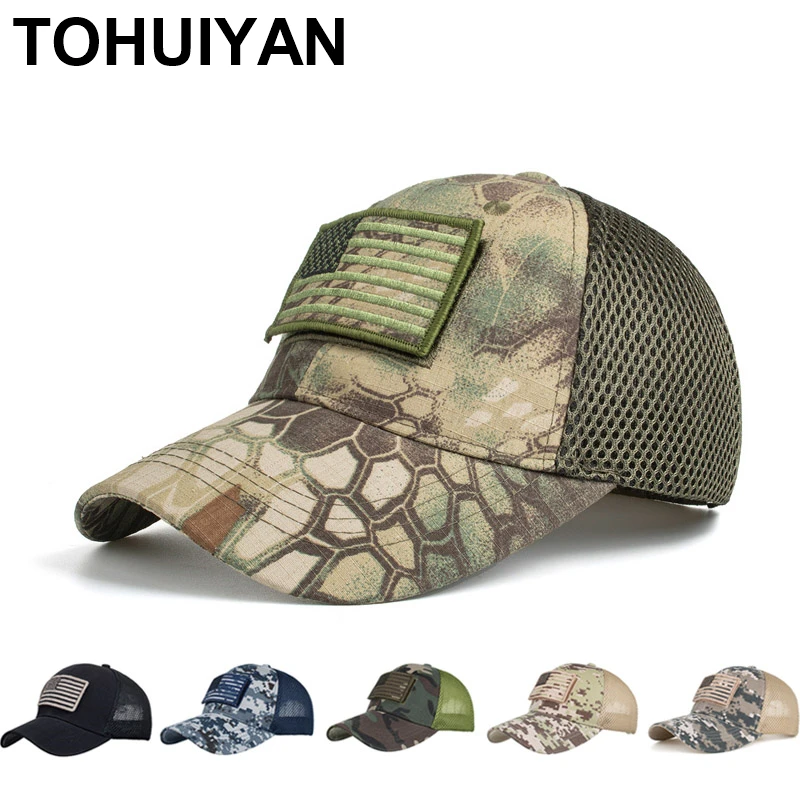 

2024 Camouflage Baseball Cap For Men USA Flag Hunting Hat Summer Breathable Mesh Trucker Caps Women Outdoor Sports Cap