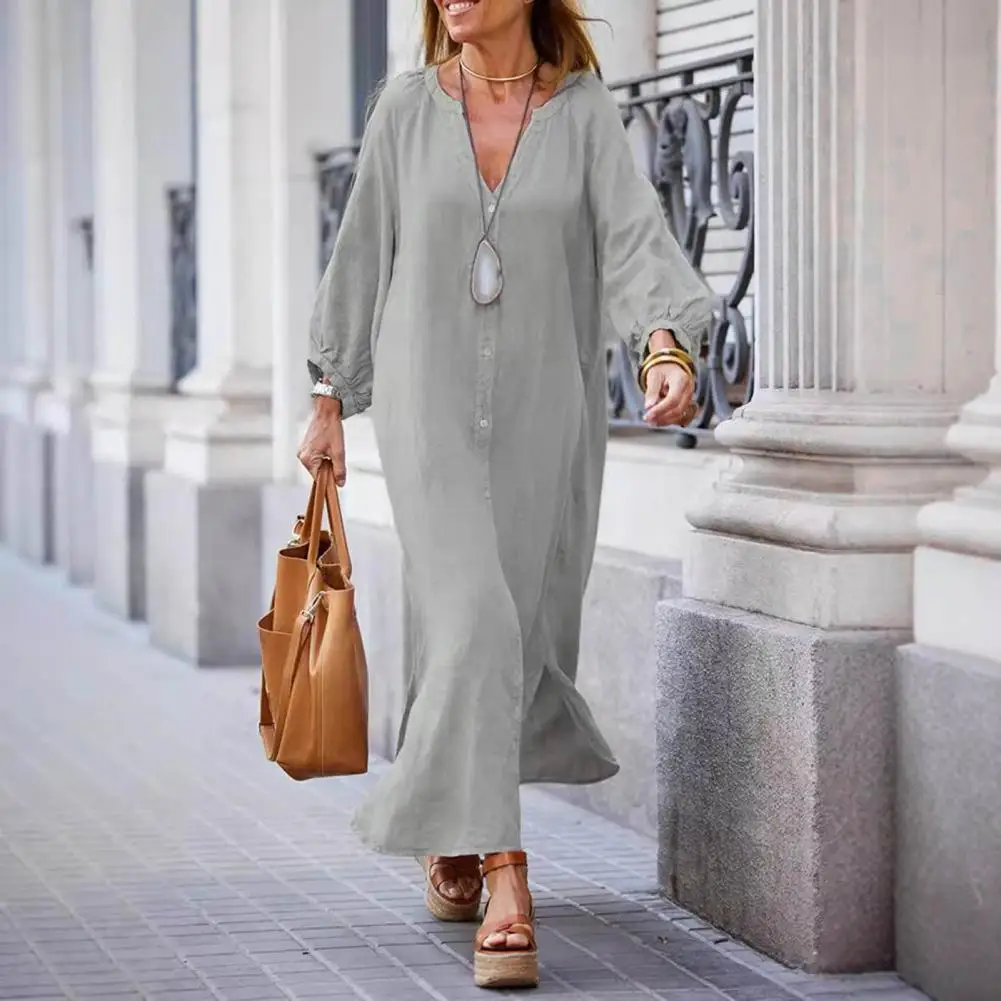 

Spring Autumn Dress Button-down Three-quarter Sleeves Loose Maxi Dress Pure Color V Neck Cardigan Casual Daily Dress