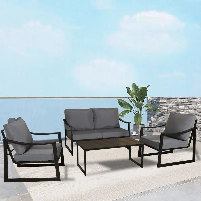 

Stock Outdoor Furniture Waterproof Meter Wood Look Plastic Iron Fram Garden Sofa Sets