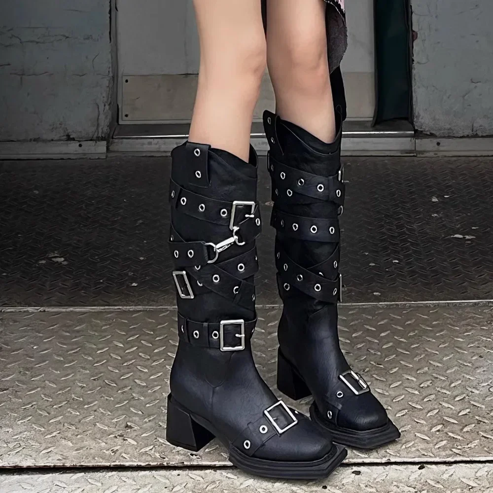 

High Heel Knight Boots for Women,Square Toe Platform Western Cowboy Boots,Sexy Metal Buckle Strap Mid-Calf Riding Boots