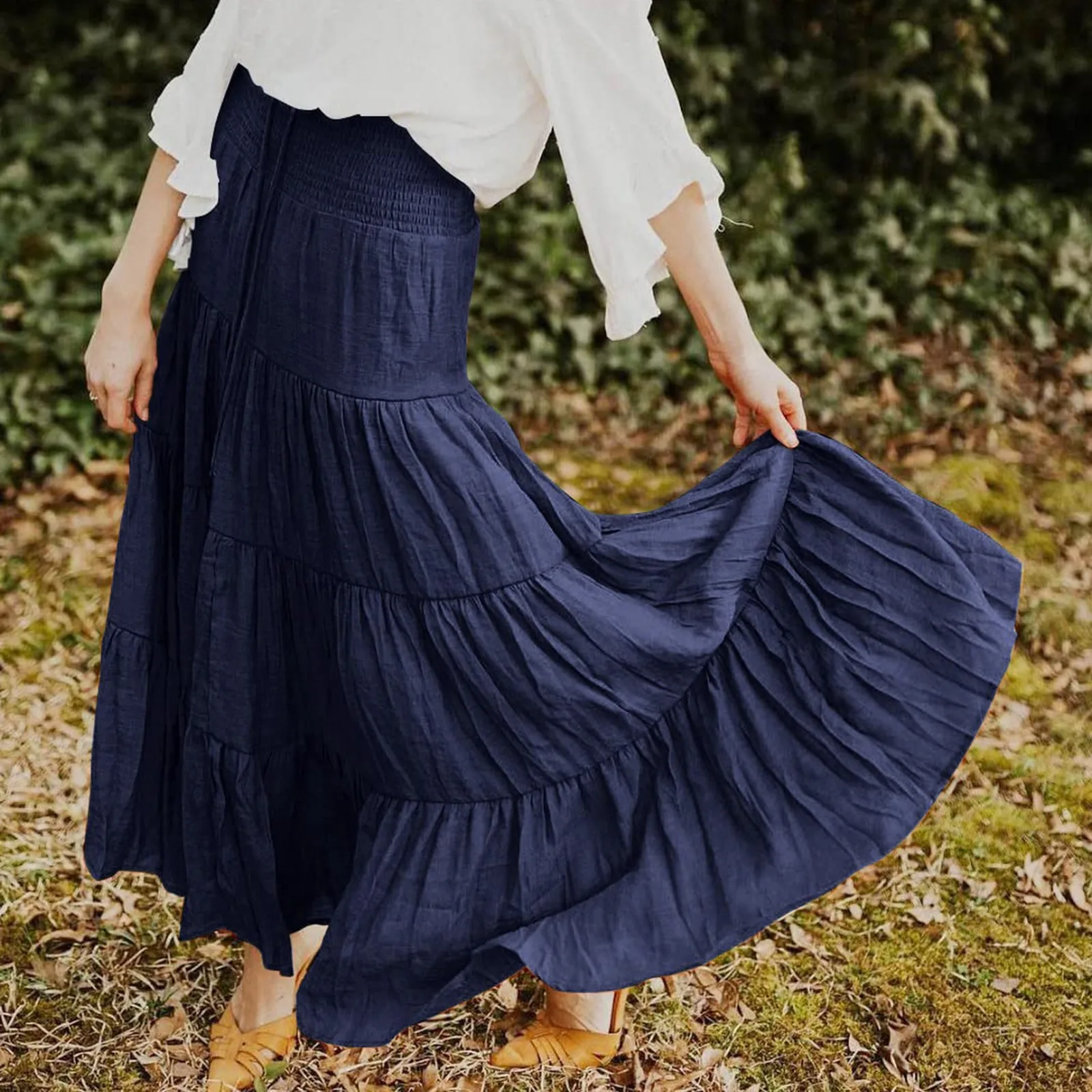 

Summer Elegant Pink Flowy Long Skirt for Women Vintage Loose Elastic High Waist Bohemian Beach Skirts Casual Solid Color Skirt