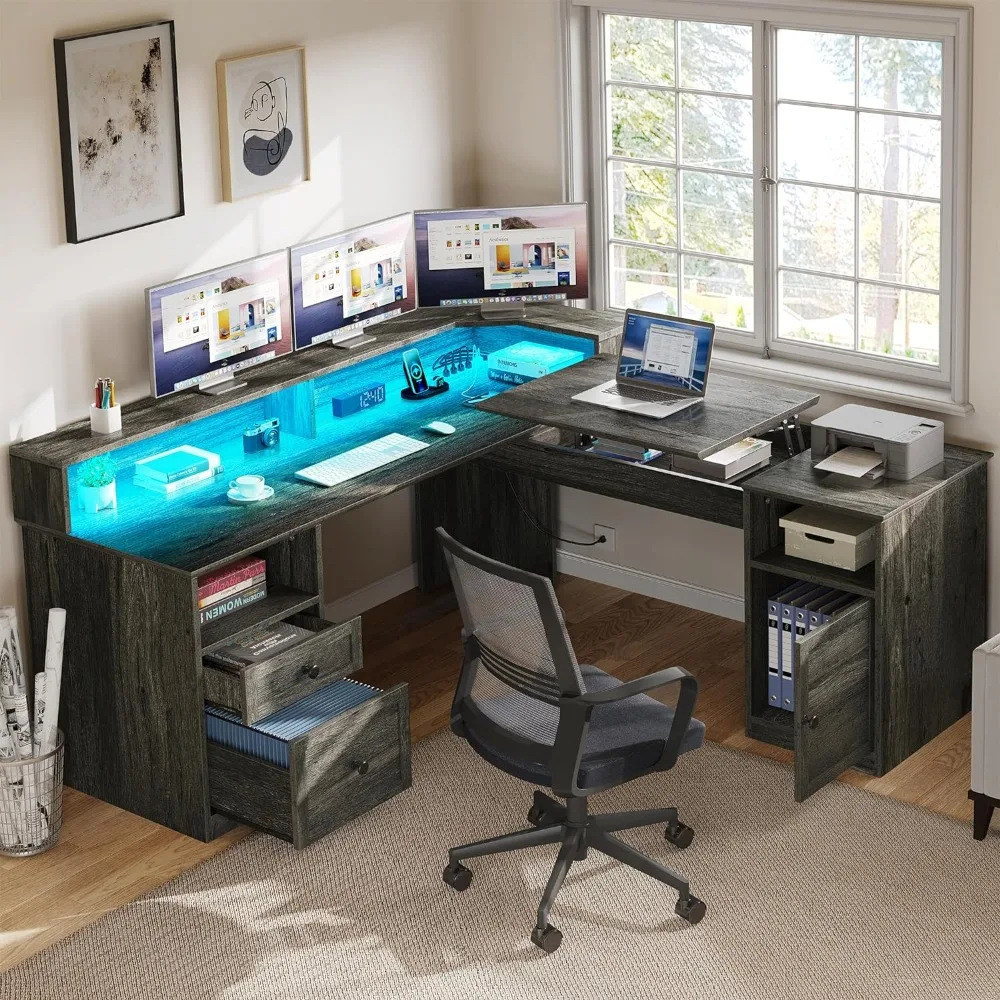 Office desk, L-shaped with power socket and LED light, with drawers and lifting table, 60 