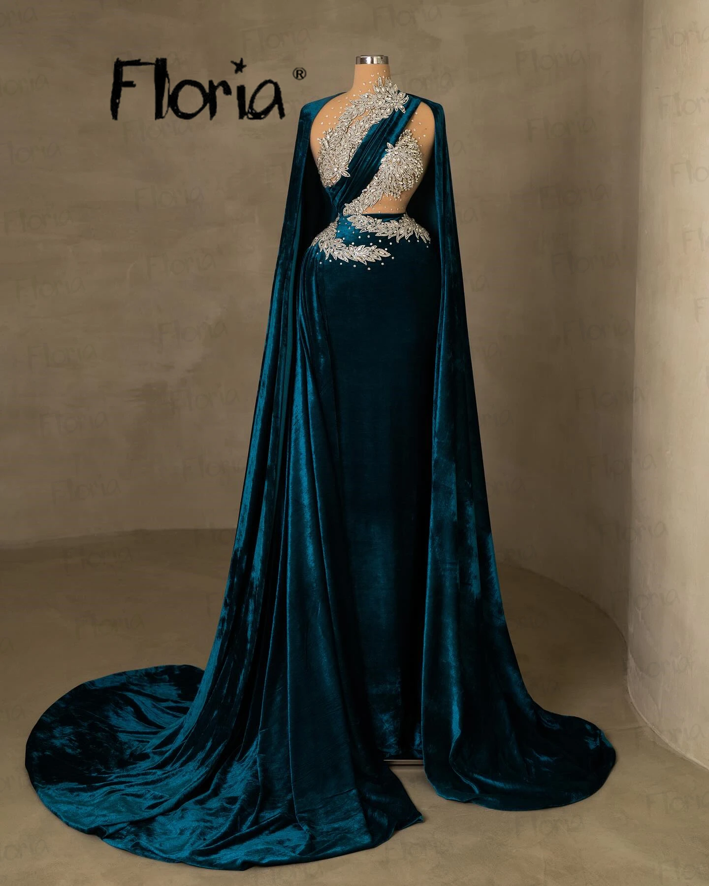 Moroccan Caftan Blue Velvet Prom Dresses With Cloak Long Evening Dresses Customization Vestidos De Noivas 2024 Simples e Elegant