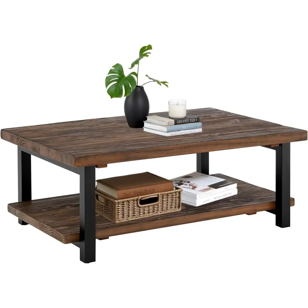 

Pomona Living Room Tables – 48 Inch Recular Solid Wood Coee Table with Storage Shel & Metal Legs – Rustic Industrial armhouse La