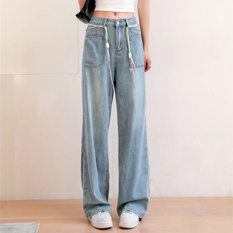 

2024 New Women's Summer Tencel Jeans Thin Straight, High Waist, Wide Legs, Slim, Versatile Belt, Light Color