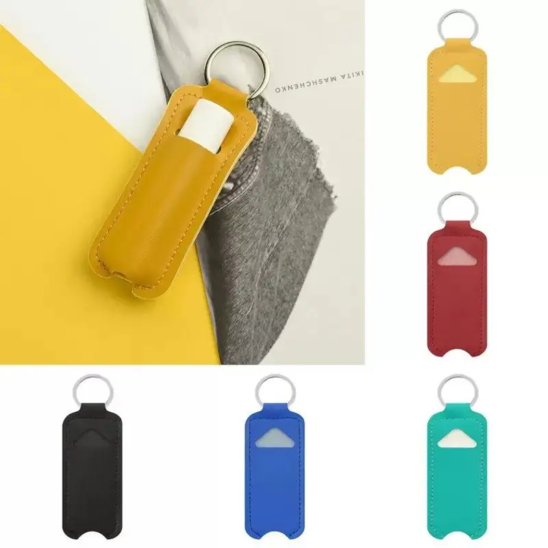 1Pcs PU Leather Lipstick Keychain Bag Colorful Key Holder Lip Balm Case Simple Keychain Holder
