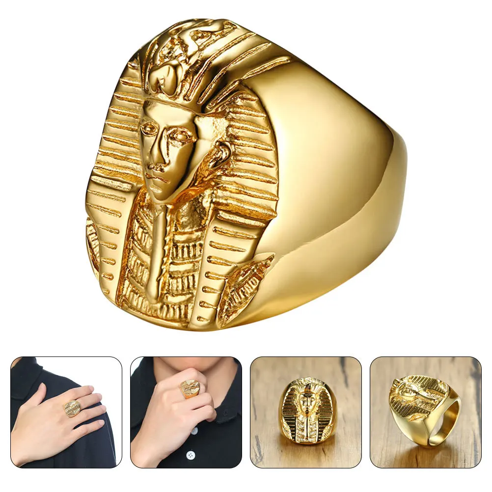

Golden Men Stainless Men Present Ring Steel Vintage Egyptian Theme Finger Ring For Festival Party Costume Jewelry Gift