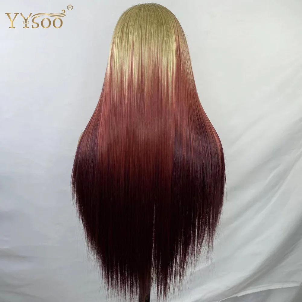 YYsoo13x4 Lange Zijdeachtige Rechte Futura Synthetische Lace Front Pruiken 613 # Ombre Rood Lijmloze Pre Geplukt Half Hand Gebonden Pruiken voor Vrouwen