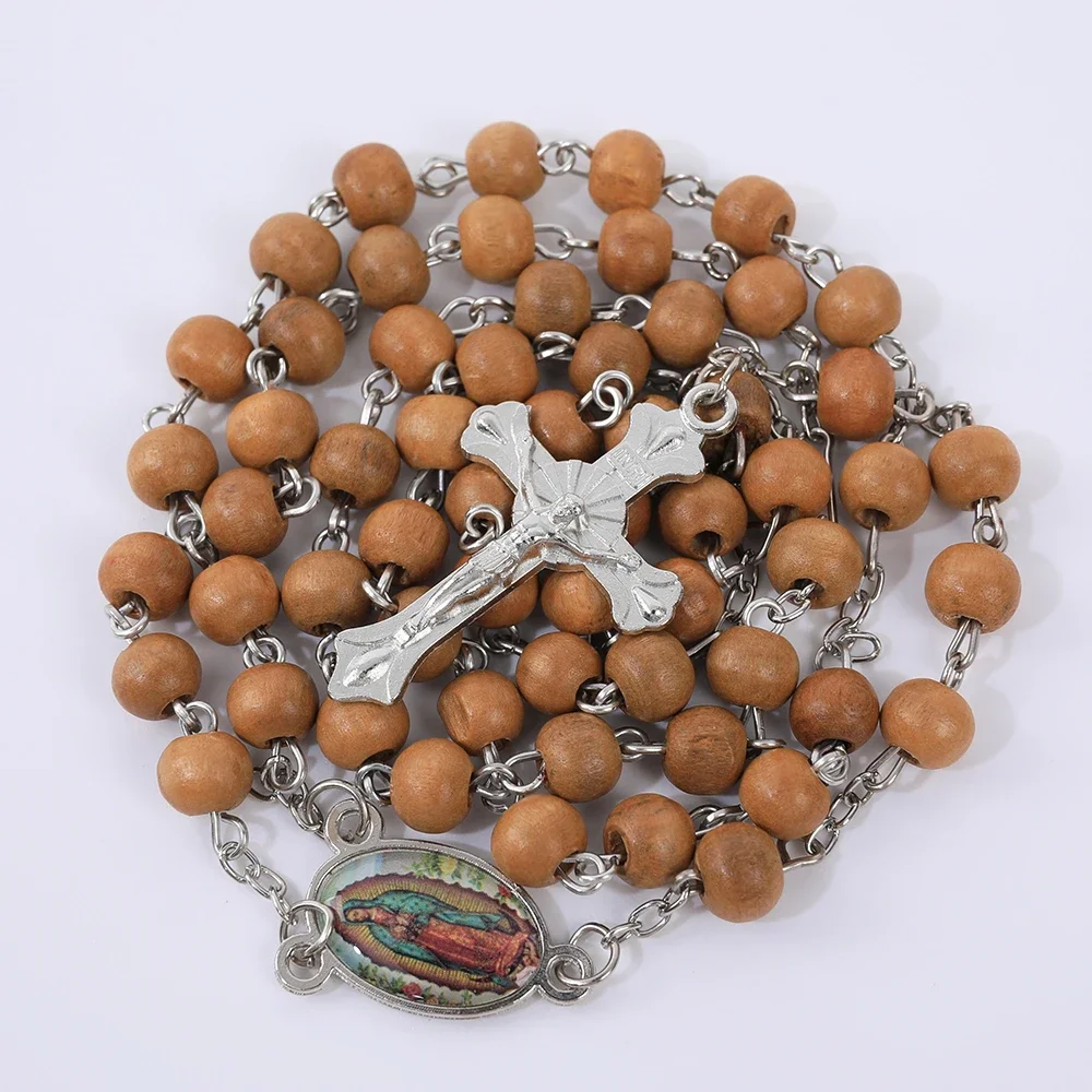 6MM Wooden Beads Rosary Necklace For Women Men Religious Virgin Mary Cross Pendant Long Chain Catholic Prayer Party Jewelry