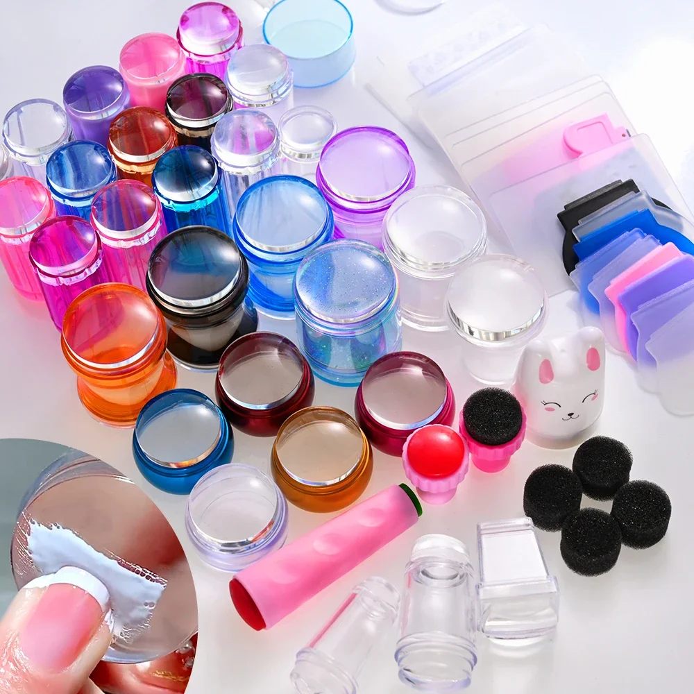 مجموعة طوابع سيليكون جديدة لفن الأظافر - رأس سيليكون ناعم 3.8 سم مع مكشطة، أداة أظافر بمقبض ملون شفاف #6