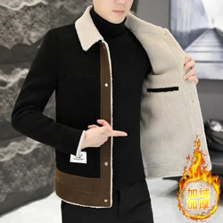 2023 Winter Integrated Plush Wool Blends Jackets Men's Contrasting Splicing Slim Casual Coat Office Social Overcoat Men Clothing