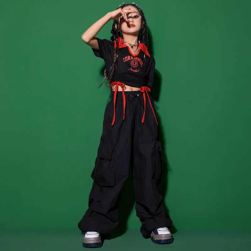 Roupa de Hip Hop Infantil, Preto, Ruched, Decote V, Top Recortado, Camiseta, Vermelho, Casual, Bolso Largo, Calças cargo, Menina, Fantasia de Jazz Dance, Roupa