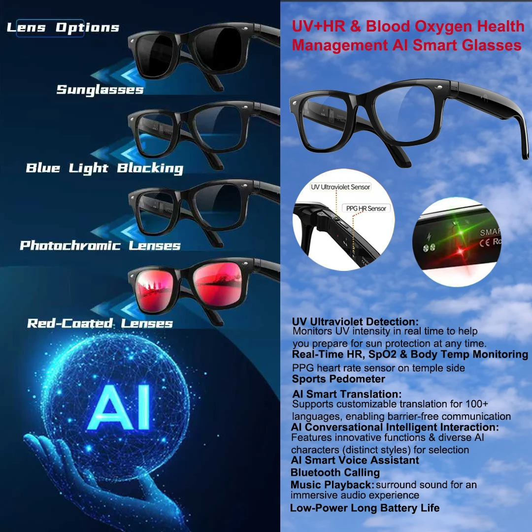 

Умные очки 2026 W300 с УФ-детектором, мониторингом уровня кислорода в крови, ИИ-переводом и функцией звонков по Bluetooth