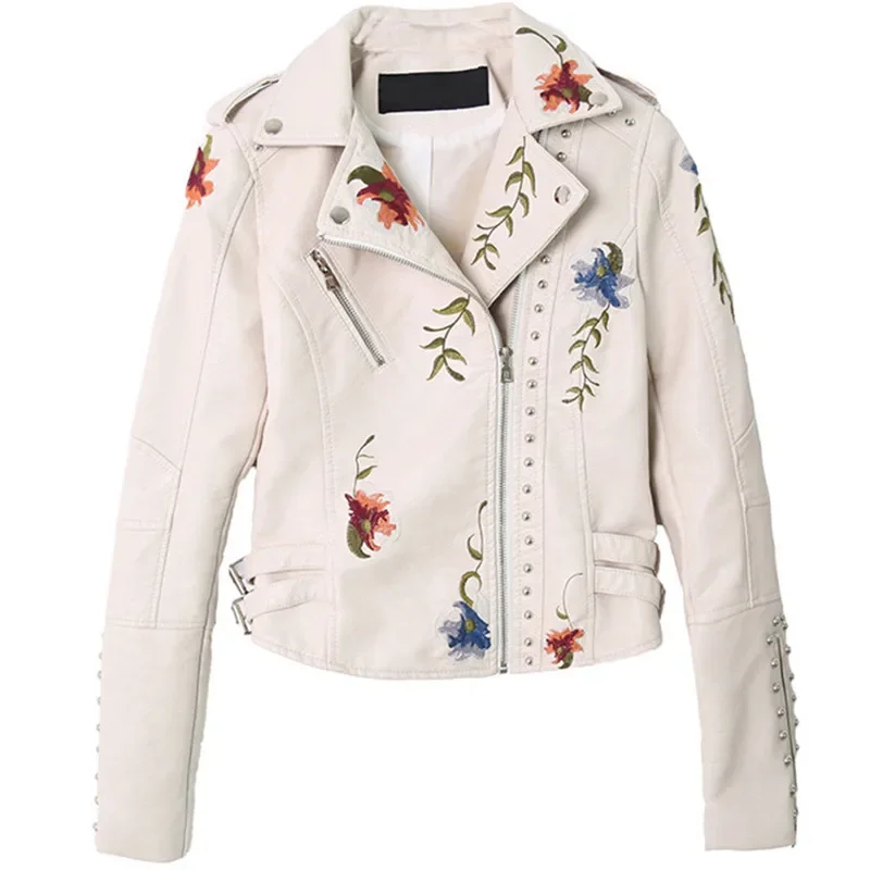 Autumn Vintage Rivet Beaded Flower Embroidery Short Faux PU Leather Jacket Lapel Long Sleeve Motorcycle Biker Jacket Streetwear