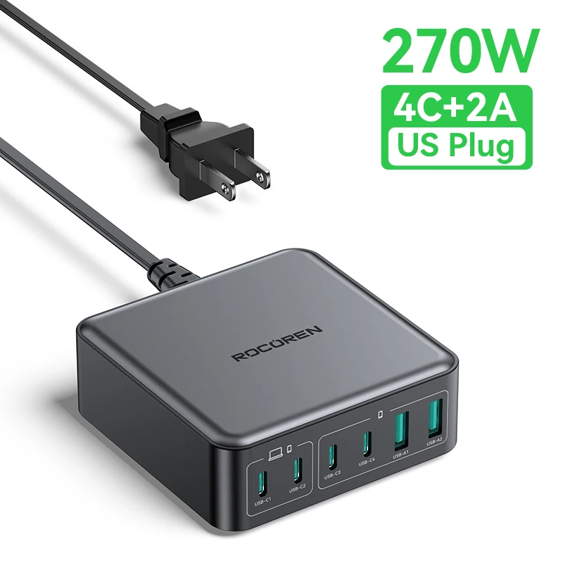 Rocoren 200W GaN Ladegerät PD Schnellladung USB Typ C Ladegerät 270W 6 in 1 USBC Kraftwerk für iPhone 16 15 Pro Max Xiaomi 14