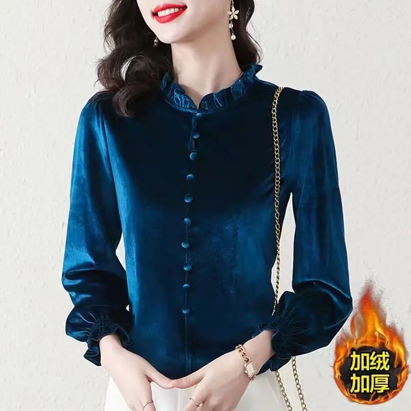 

Gold Velvet Women's 2025 Autumn Winter Splicing O-Neck Button Fashion Solid Color Casual Long Sleeve Top TT623