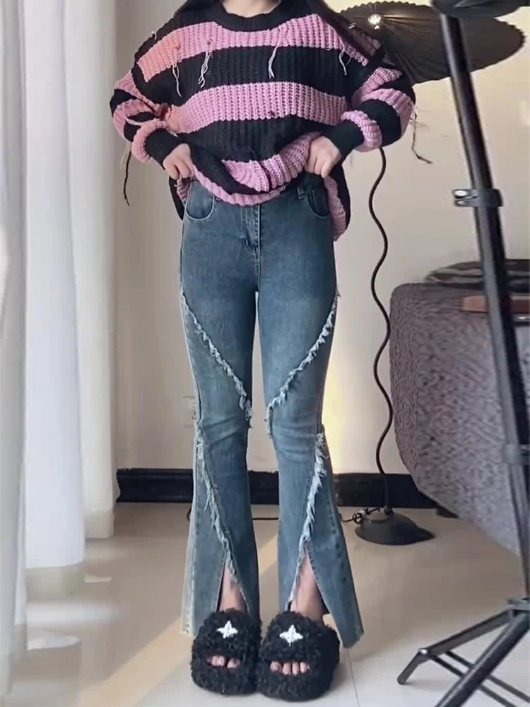 

American Sle Slimming High Waist Bell Bot Jeans Women's Summer plus Size Fat MM Micro Flared Denim Pants Long Trousers