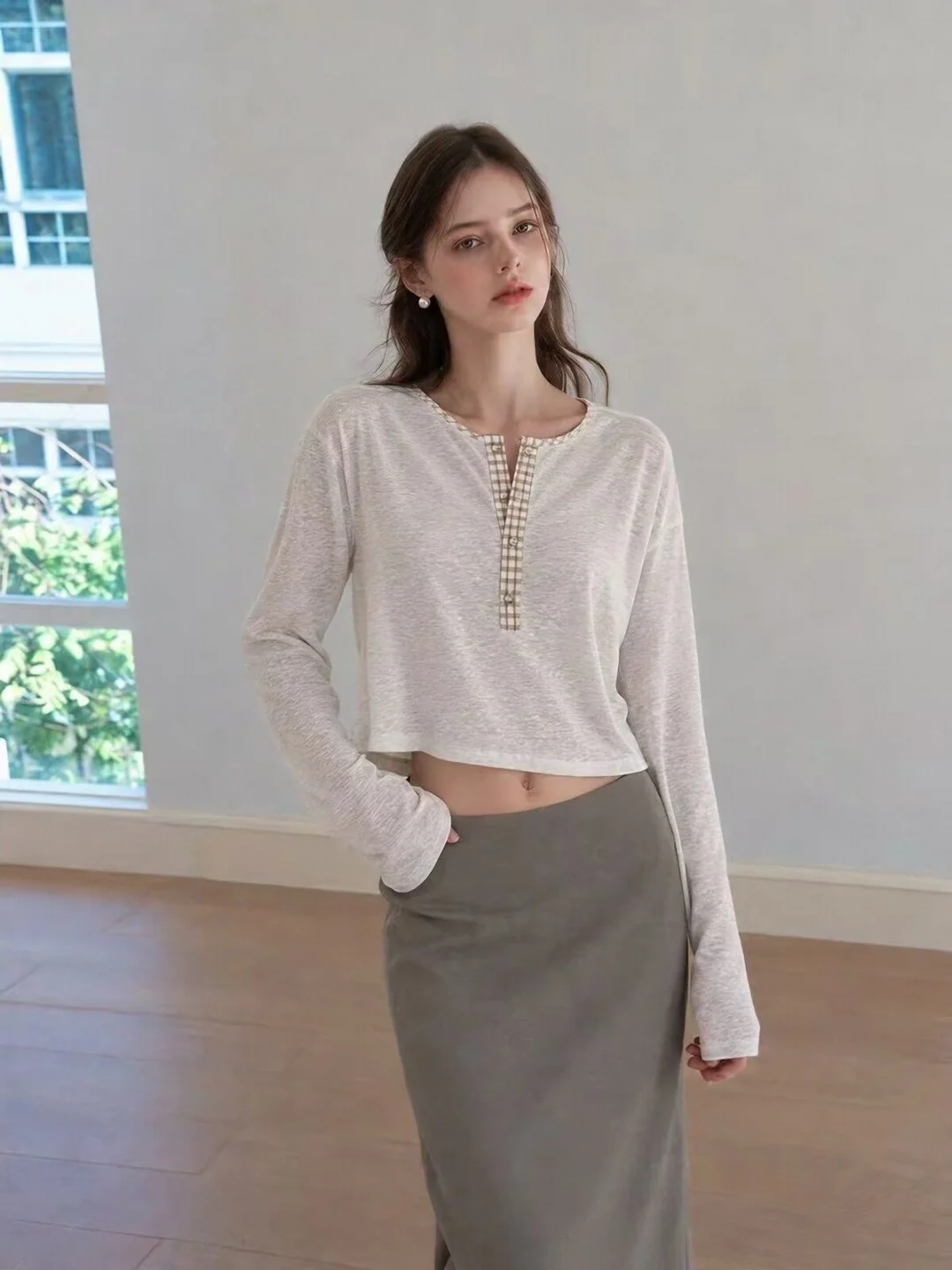 Korean Style Slim Fit Long Sleeve T-Shirt Women's Short Henry Collar Casual Loose Weight Loss Autumn Top Color Block Design