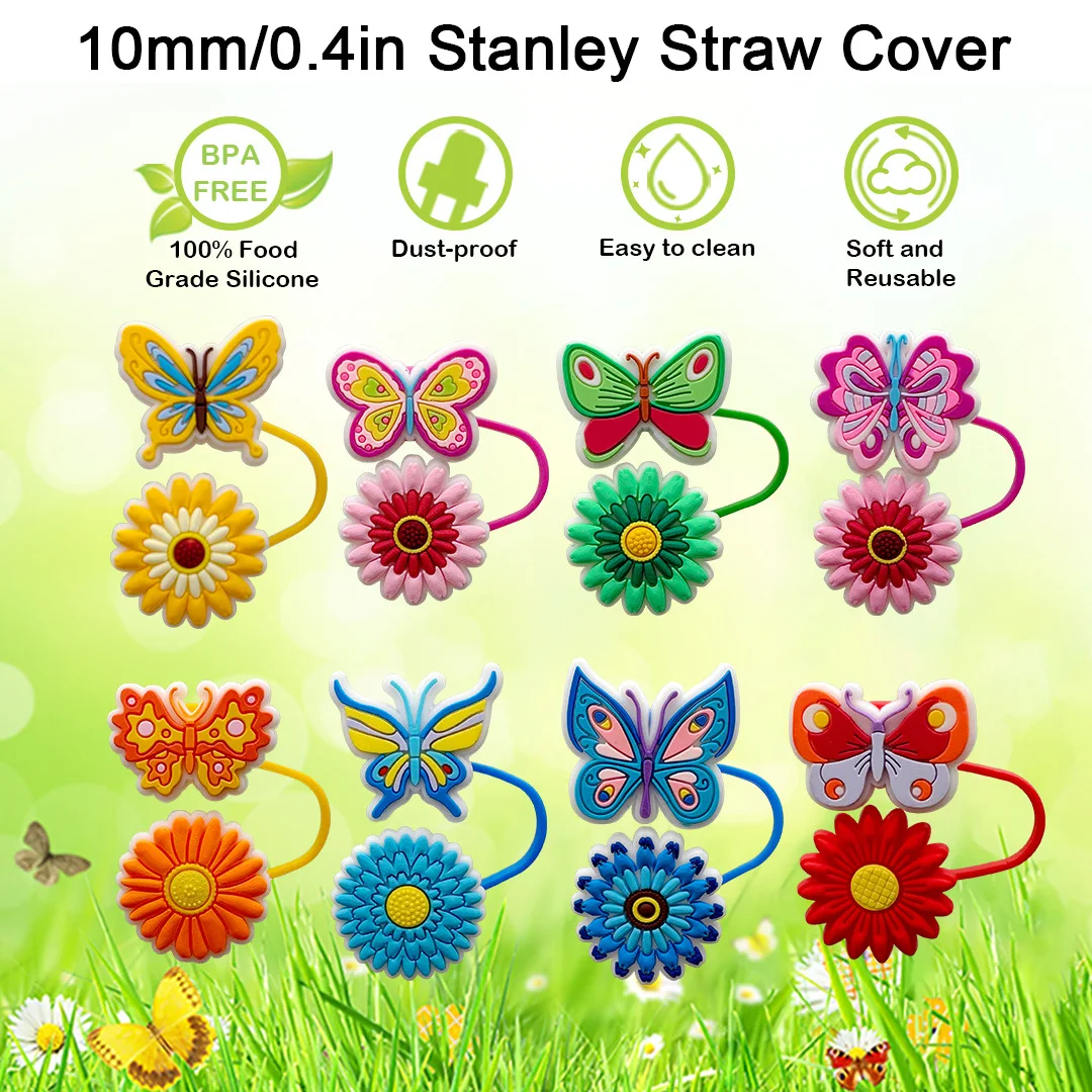 8mm Silicone Straw Topper Cute Butterfly Flower Straw Cover Cap For Stanley Mug Cup Tumbler Dust-Poof Straw Plug Accessories