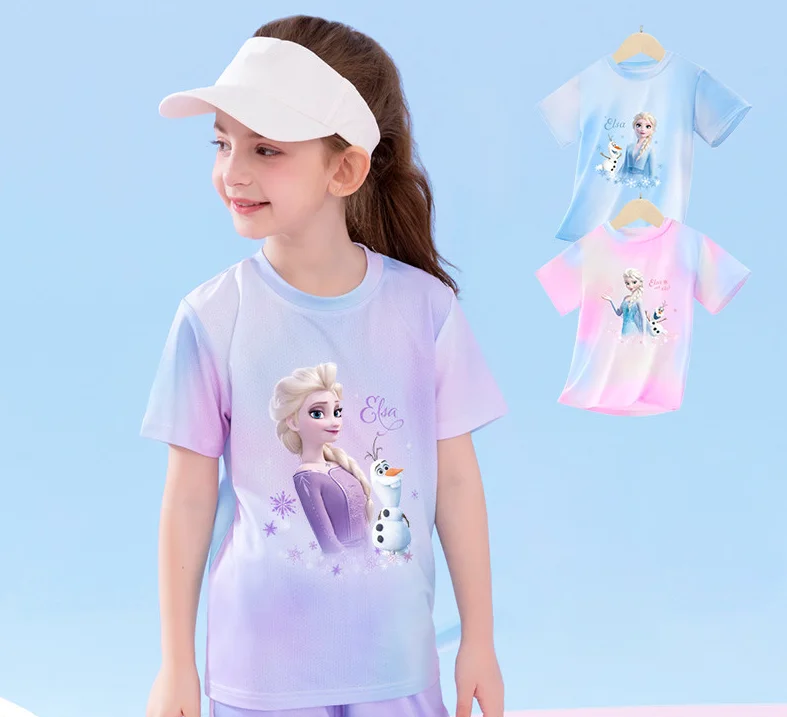 

Бестселлер Disney, милая футболка с 3D-принтом персонажа Эльзы, с короткими рукавами, для детей, быстросохнущий топ
