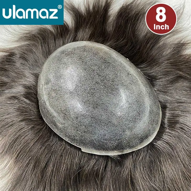 Superior Skin Male Hair Prosthesis 8 Inch Remy Hair Men Wig Thin Poly Toupee Wigs For Man 0.08mm PU Hair System Realstic Man Wig