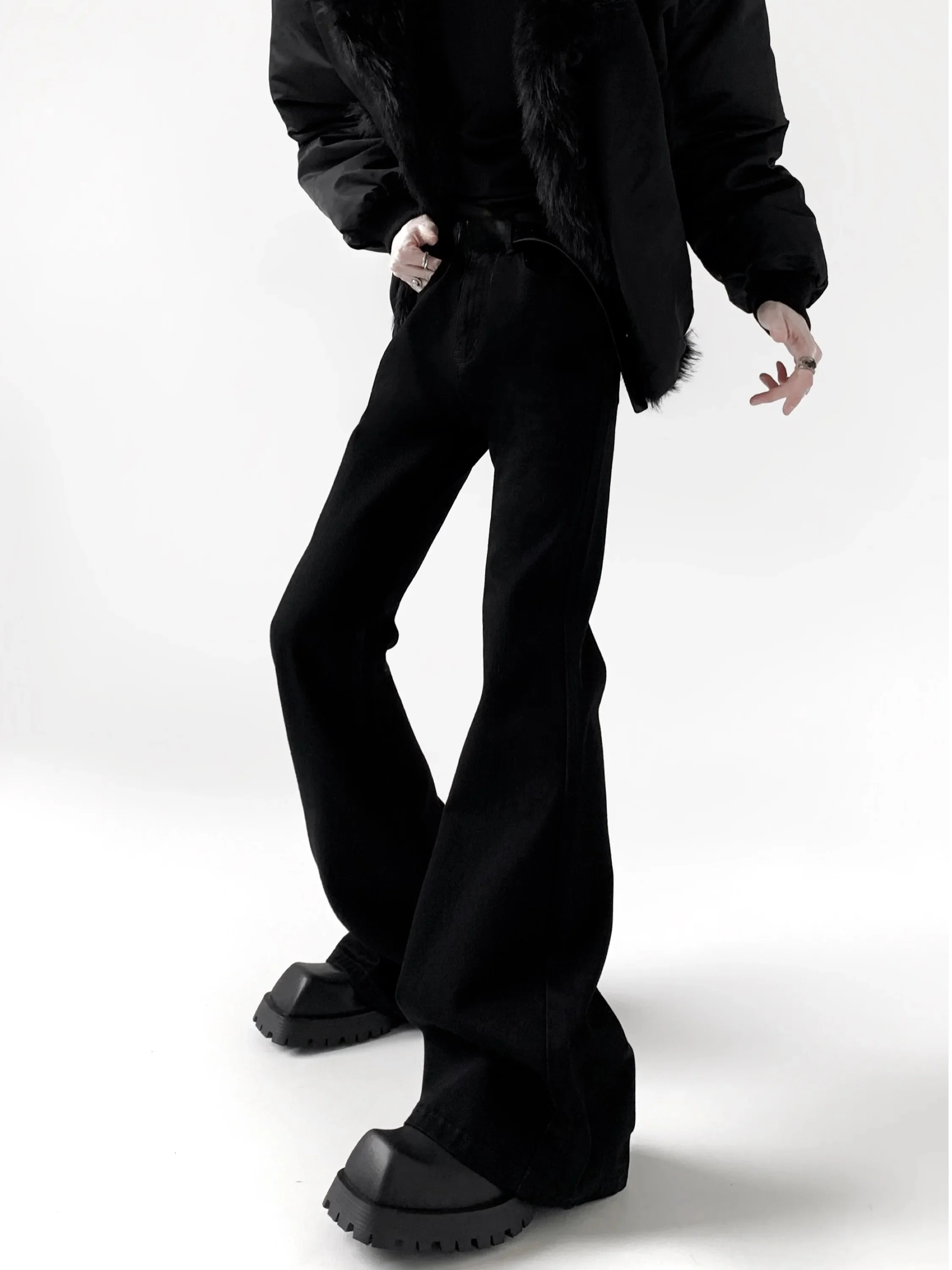 Classic Black Cleanfit Micro Flared Jeans Men's High Waist Stretch Denim Pants Long Floor-Length Draped Casual Wear