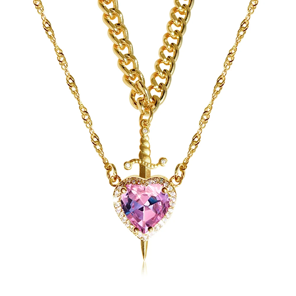 Heart and Sword Stainless Steel Necklace Double Layer Chain Crystal Charm Couple Friendship Necklaces for Women Girls