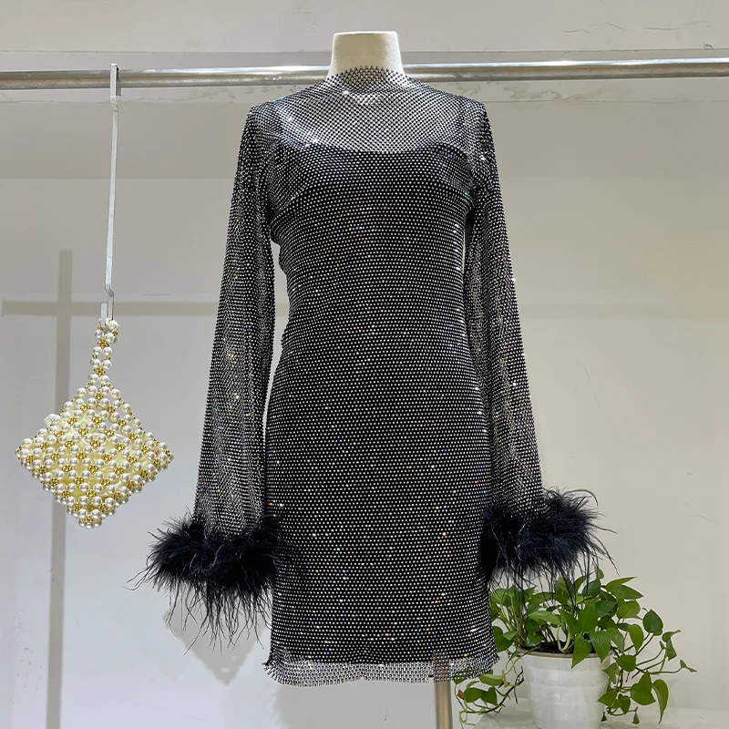 

H80&S90 New Bling Bling Women Sexy Holiday Fashion Rhinestone Streetwear Diamnond Mesh Hollow Out Slash Neck Feather Cuff Dress