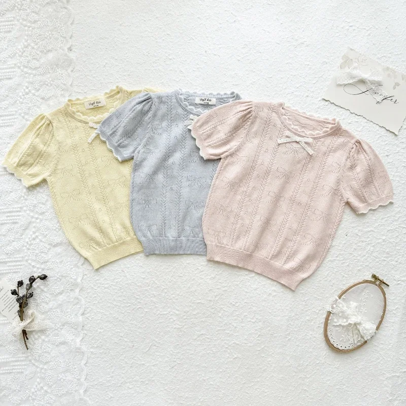 

2025 Summer New Girls' Candy Color Black Fungal Edge Collar Hollow Knitted Bow T-shirt