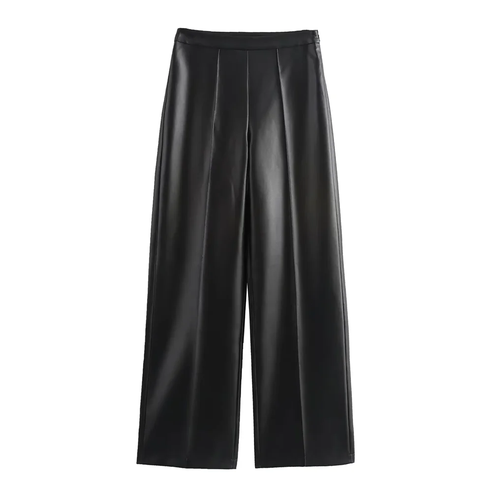 PB&ZA 2024 Autumn/Winter New Product Three Dimensional Cutting High Waist slimming straight leg leather pants for women