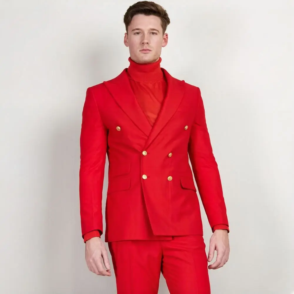 

Mens Red Double Breasted 2 Pieces Slim Fit Wedding Tuxedo Shiny Gold Buttons Flap Pockets Formal Groom Prom Office Evening Wear
