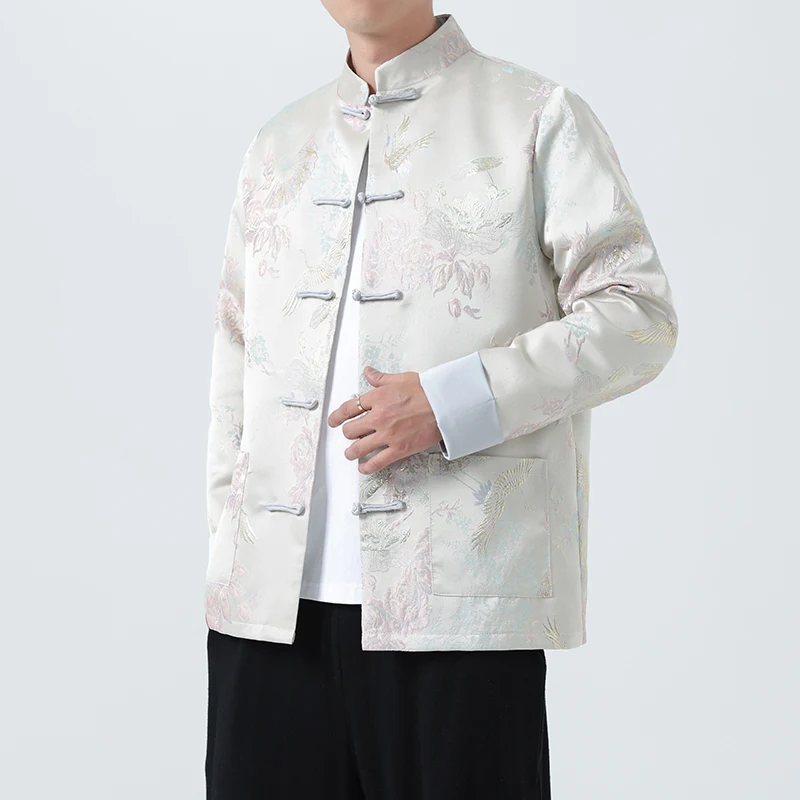 

New Chinese Sle Men's Jaet Dad Clothes Floral Embroidery Button Middle-aged And ly Improved Hanfu Autumn Outerwear