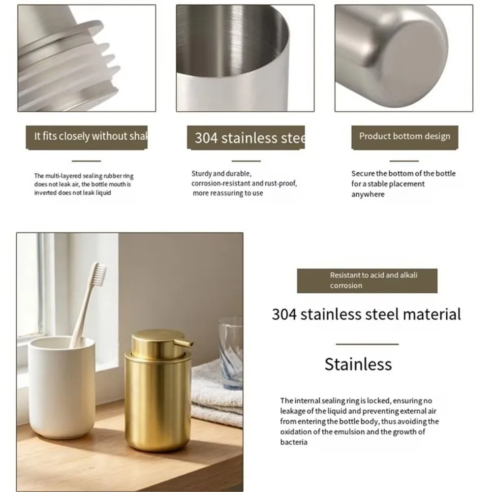 250ML Stainless Steel Soap Pump Easy To Press Refillable Lotion Dispenser Cylindrical Liquid Hand Soap Dispenser For Daily Use