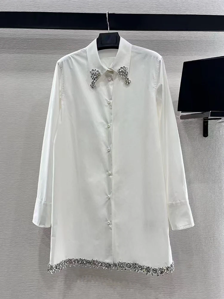 2025 spring women's new heavy craft beaded lapel single breasted long shirt fashion 100 straight cotton shirtdress