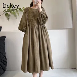 Vintage Embroidery Lace Corduroy Dress For Women Japan Mori Ruffled Long Sleeve Loose Kawaii Dress Casual O-Neck A-line Vestidos