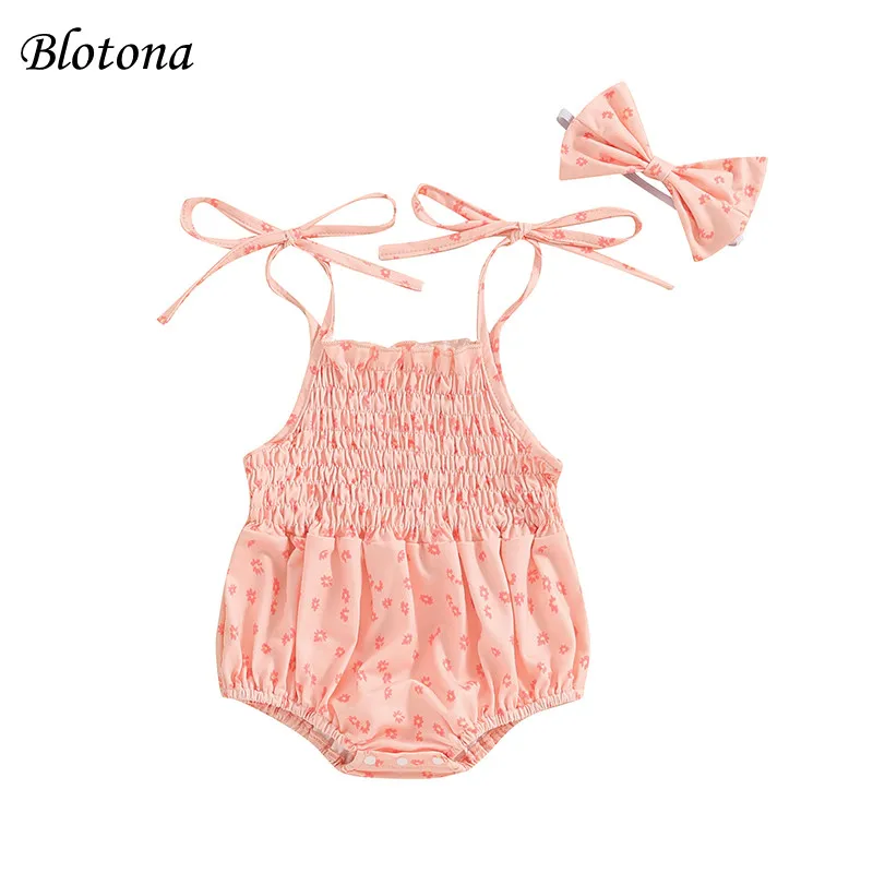 

Blotona Baby Girl Romper Floral Print Tie-Up Spaghetti Straps Sleeveless Infant Bodysuit Summer Clothes with Headband 0-18Months